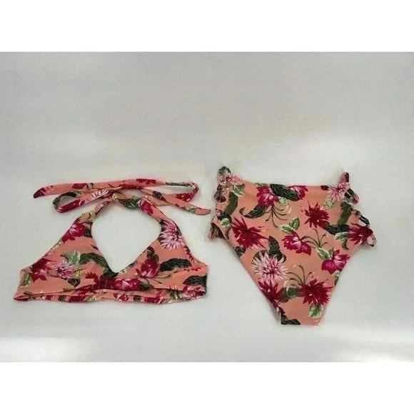 Tori Praver Bikini 2 Piece Swimwear Pink Floral Halter Strappy High Waist Bottom - Picture 2 of 8